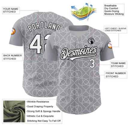 Custom Gray White-Black 3D Pattern Design Arabesque Shape Authentic Baseball Jersey - Image 3