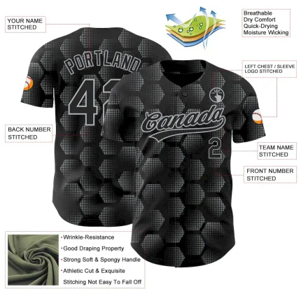 Custom Black Gray 3D Pattern Design Halftone Geometric Shapes Authentic Baseball Jersey - Image 3