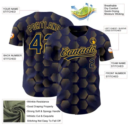 Custom Navy Gold 3D Pattern Design Halftone Geometric Shapes Authentic Baseball Jersey - Image 3