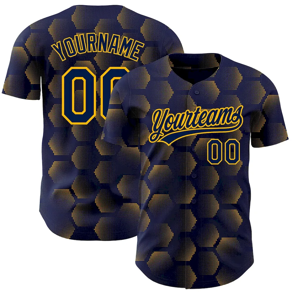 3DPattern3671.webp Custom Navy Gold 3D Pattern Design Halftone Geometric Shapes Authentic Baseball Jersey - Image 1