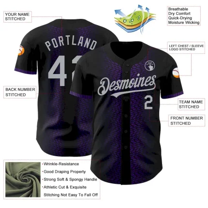 Custom Black Gray-Purple 3D Pattern Design Geometric Shapes Authentic Baseball Jersey - Image 3