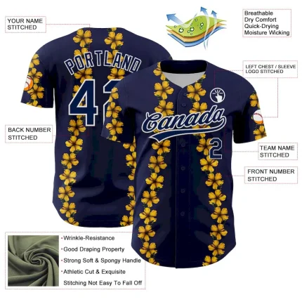 Custom Navy White 3D Tropical Hawaii Flower Authentic Baseball Jersey - Image 3