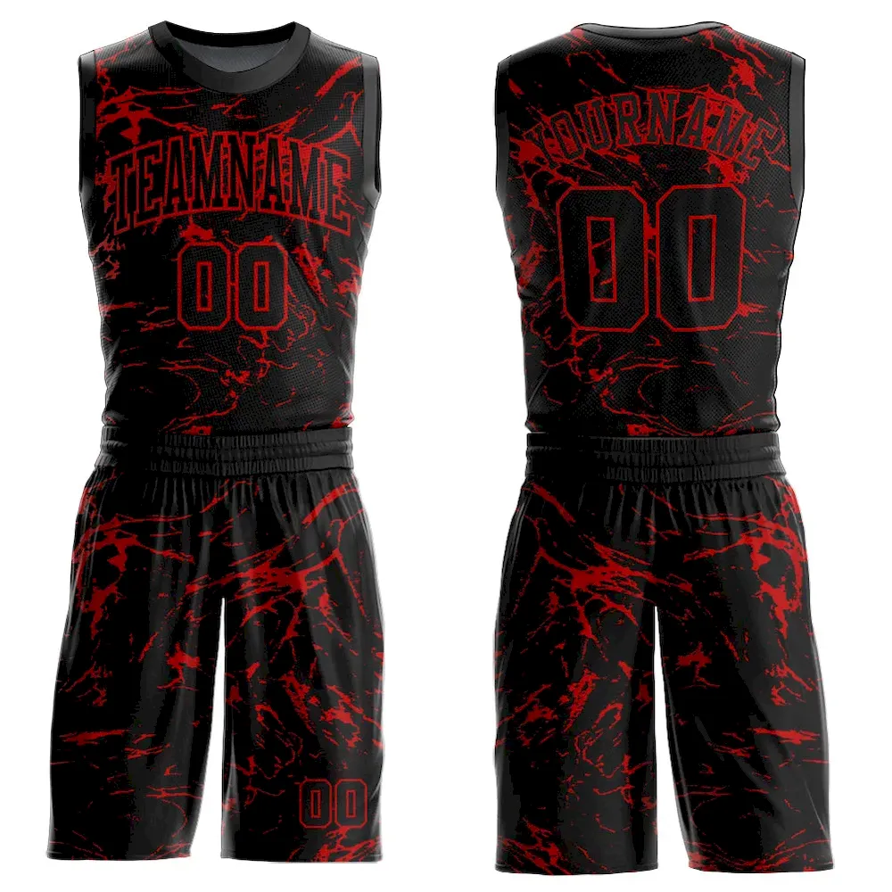 BSuit0204.webp Custom Black Red Abstract Grunge Art Round Neck Sublimation Basketball Suit Jersey - Image 1