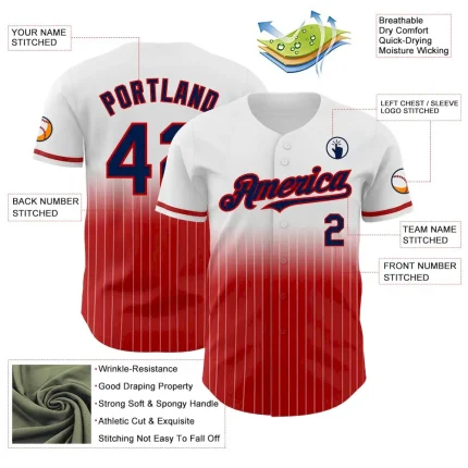 Custom White Pinstripe Navy-Red Authentic Fade Fashion Baseball Jersey - Image 4