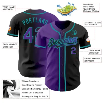 Custom Black Purple-Teal Authentic Gradient Fashion Baseball Jersey - Image 3