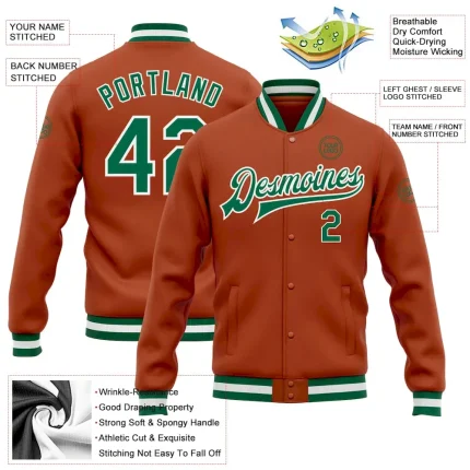 Custom Texas Orange Kelly Green-White Bomber Full-Snap Varsity Letterman Jacket - Image 3