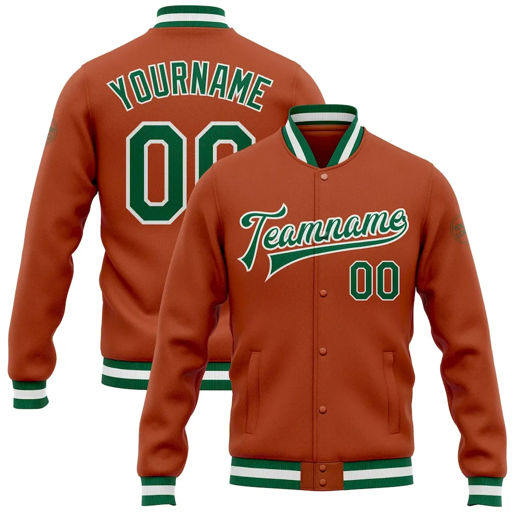 Jacket0189_3327b54c-2487-4b6d-a94d-b2e89c706155.webp Custom Texas Orange Kelly Green-White Bomber Full-Snap Varsity Letterman Jacket - Image 1