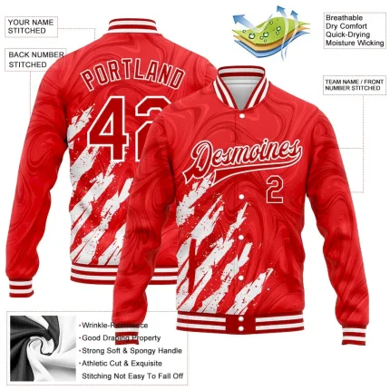 Custom Red White 3D Pattern Design Bomber Full-Snap Varsity Letterman Jacket - Image 3