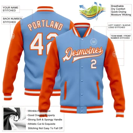Custom Light Blue White-Orange Bomber Full-Snap Varsity Letterman Two Tone Jacket - Image 3