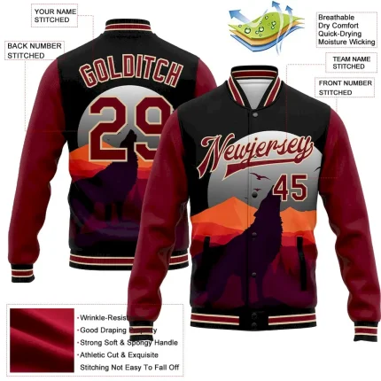 Custom Black Crimson-City Cream Wolf Howling 3D Pattern Design Bomber Full-Snap Varsity Letterman Jacket - Image 3