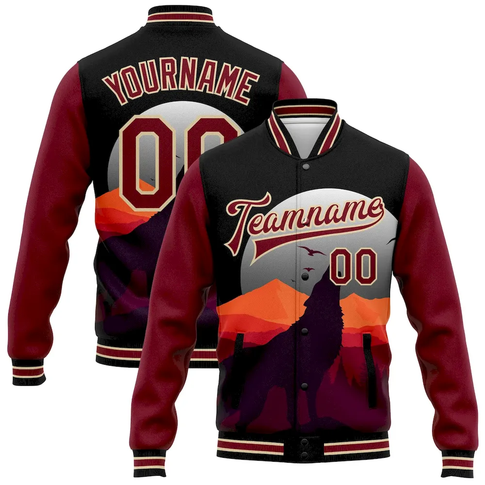 Jacket2760.webp Custom Black Crimson-City Cream Wolf Howling 3D Pattern Design Bomber Full-Snap Varsity Letterman Jacket - Image 1