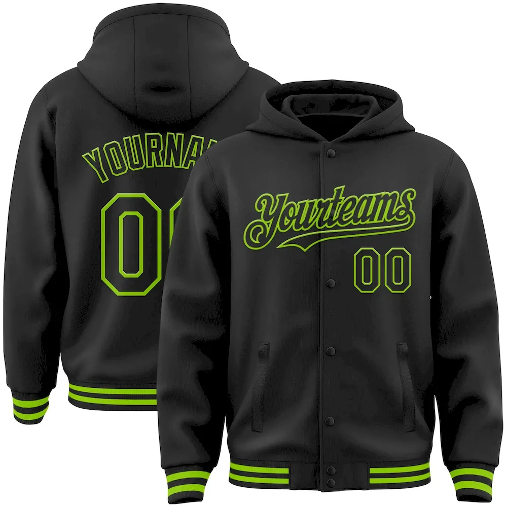 Jacket2956.webp Custom Black Neon Green Bomber Full-Snap Varsity Letterman Hoodie Jacket - Image 1