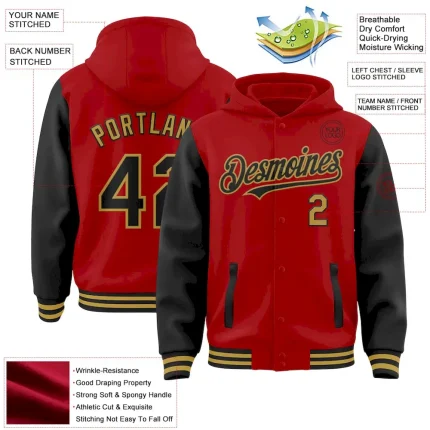 Custom Red Black-Old Gold Bomber Full-Snap Varsity Letterman Two Tone Hoodie Jacket - Image 3