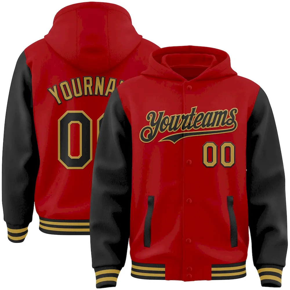 Jacket3223.webp Custom Red Black-Old Gold Bomber Full-Snap Varsity Letterman Two Tone Hoodie Jacket - Image 1