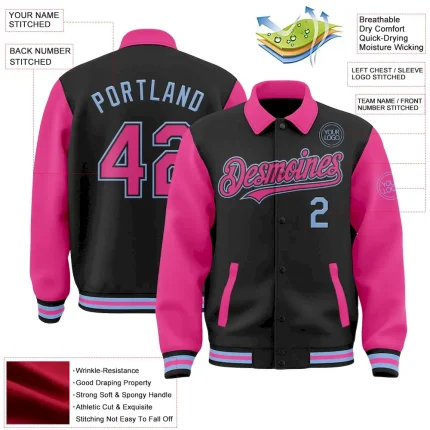 Custom Black Pink-Light Blue Bomber Full-Snap Varsity Letterman Two Tone Lapel Collar Byron Jacket - Image 3