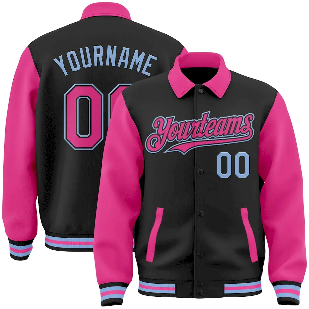 Jacket3384.webp Custom Black Pink-Light Blue Bomber Full-Snap Varsity Letterman Two Tone Lapel Collar Byron Jacket - Image 1
