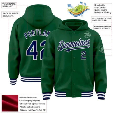 Custom Kelly Green Navy-White Bomber Full-Snap Varsity Letterman Hoodie Jacket - Image 3