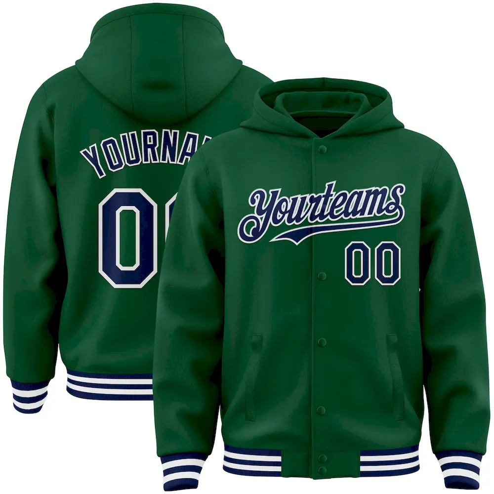 Jacket3635.webp Custom Kelly Green Navy-White Bomber Full-Snap Varsity Letterman Hoodie Jacket - Image 1