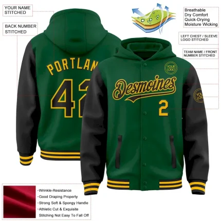 Custom Kelly Green Black-Gold Bomber Full-Snap Varsity Letterman Two Tone Hoodie Jacket - Image 3