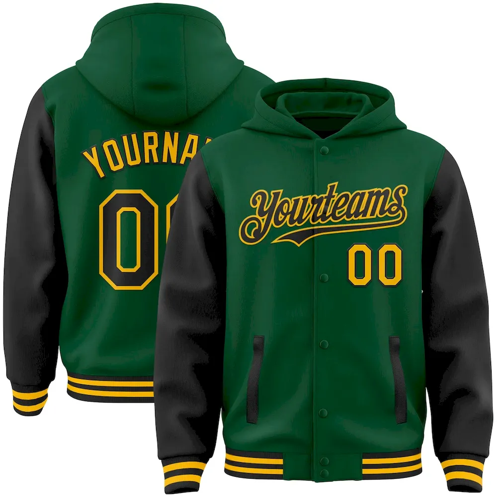 Jacket3666.webp Custom Kelly Green Black-Gold Bomber Full-Snap Varsity Letterman Two Tone Hoodie Jacket - Image 1