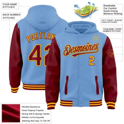 Custom Light Blue Crimson-Gold Bomber Full-Snap Varsity Letterman Two Tone Hoodie Jacket - Image 3