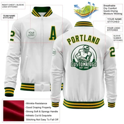 Custom White Green-Gold Bomber Varsity Letterman Zipper Jacket - Image 3