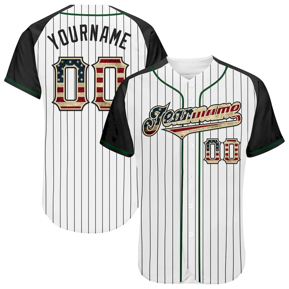 RaglanSleeves0506.webp Custom White Black Pinstripe Vintage USA Flag Cream-Green Authentic Raglan Sleeves Baseball Jersey - Image 1