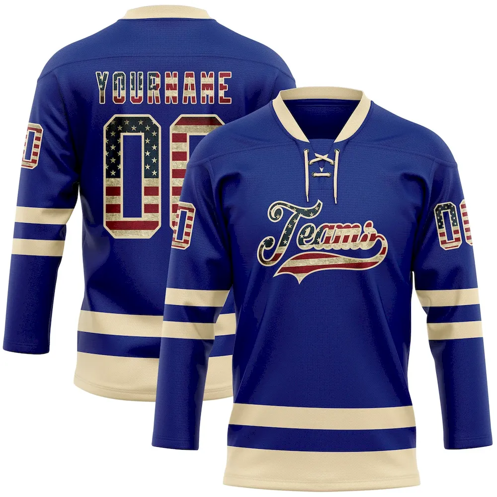 Royal0754.webp Custom Royal Vintage USA Flag-Cream Hockey Lace Neck Jersey - Image 1