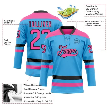 Custom Sky Blue Pink-Black Hockey Lace Neck Jersey - Image 3
