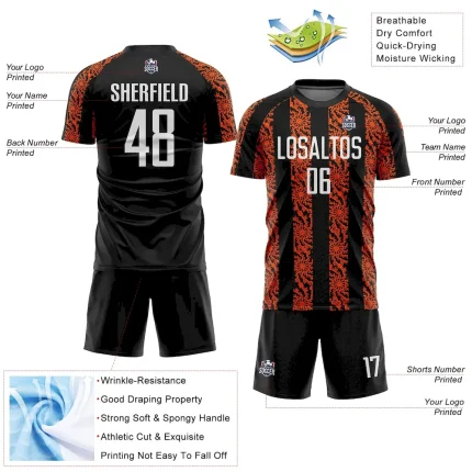 Custom Black White-Orange Abstract Shape Sublimation Soccer Uniform Jersey - Image 4