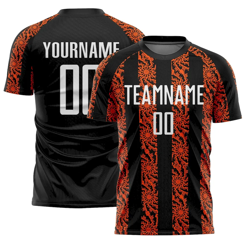 Soccer1711.webp Custom Black White-Orange Abstract Shape Sublimation Soccer Uniform Jersey - Image 1