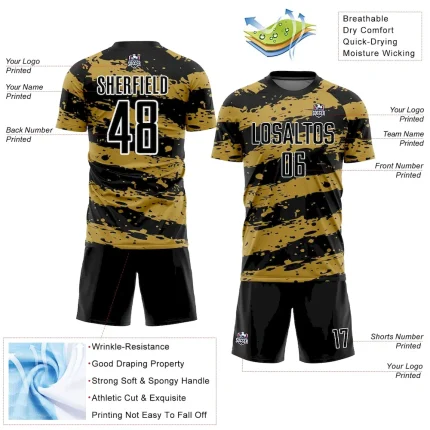 Custom Black Old Gold-White Splash Sublimation Soccer Uniform Jersey - Image 4