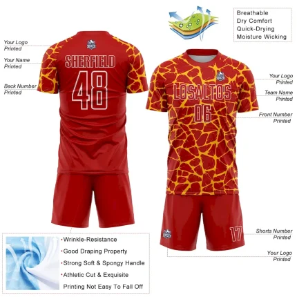 Custom Red Gold-White Abstract Network Splash Sublimation Soccer Uniform Jersey - Image 4