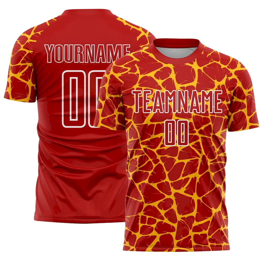 Soccer2062.webp Custom Red Gold-White Abstract Network Splash Sublimation Soccer Uniform Jersey - Image 1