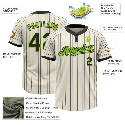 Custom Cream Black Pinstripe Neon Green Two-Button Unisex Softball Jersey - Image 3