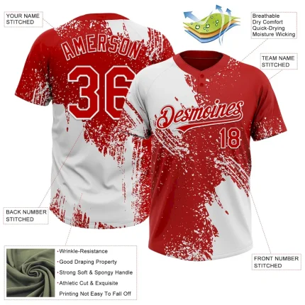 Custom White Red 3D Pattern Abstract Brush Stroke Two-Button Unisex Softball Jersey - Image 3