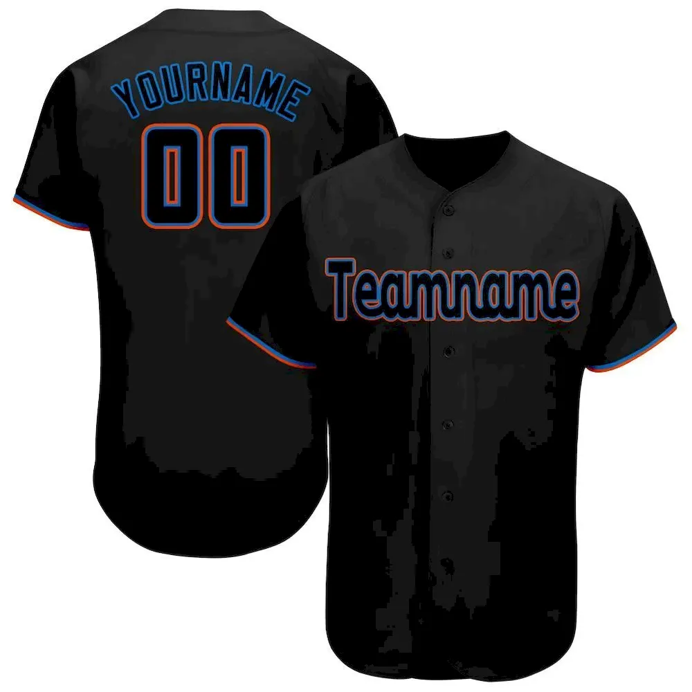 miami_0039_c1d8f318-59af-4c20-ba6d-0f87c925e24d.webp Custom Black Powder Blue-Orange Baseball Jersey - Image 1