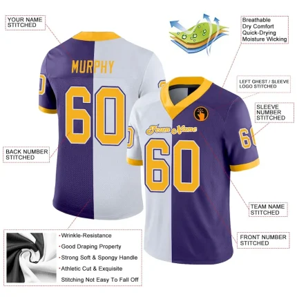 Custom Purple Gold-White Mesh Split Fashion Football Jersey - Image 3